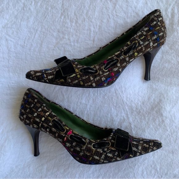 Vintage Richard Tyler Tweed Wool Brown Plaid Tartan Velvet Bow Ribbon Heels Y2K - Picture 2 of 9